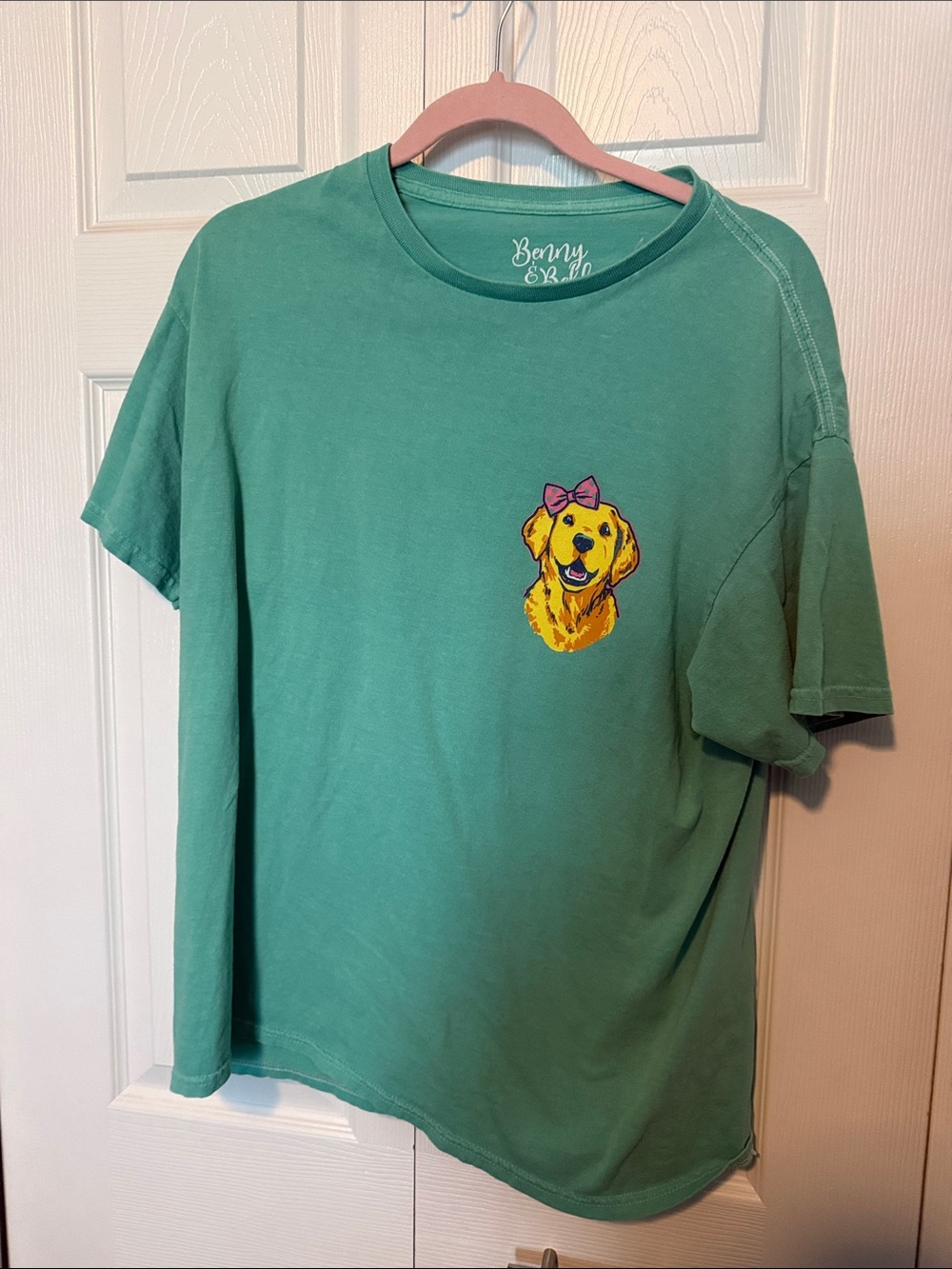 New York & Company Teal Short-Sleeve Tee with Dog Patch and Pink Bow
